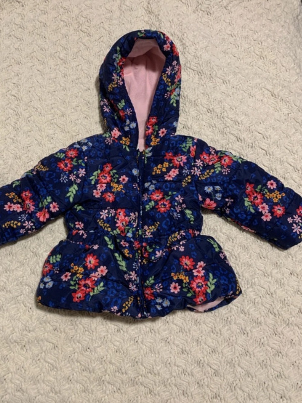 Little Me Navy Floral Quilted Hooded Puffer with Pink Lining